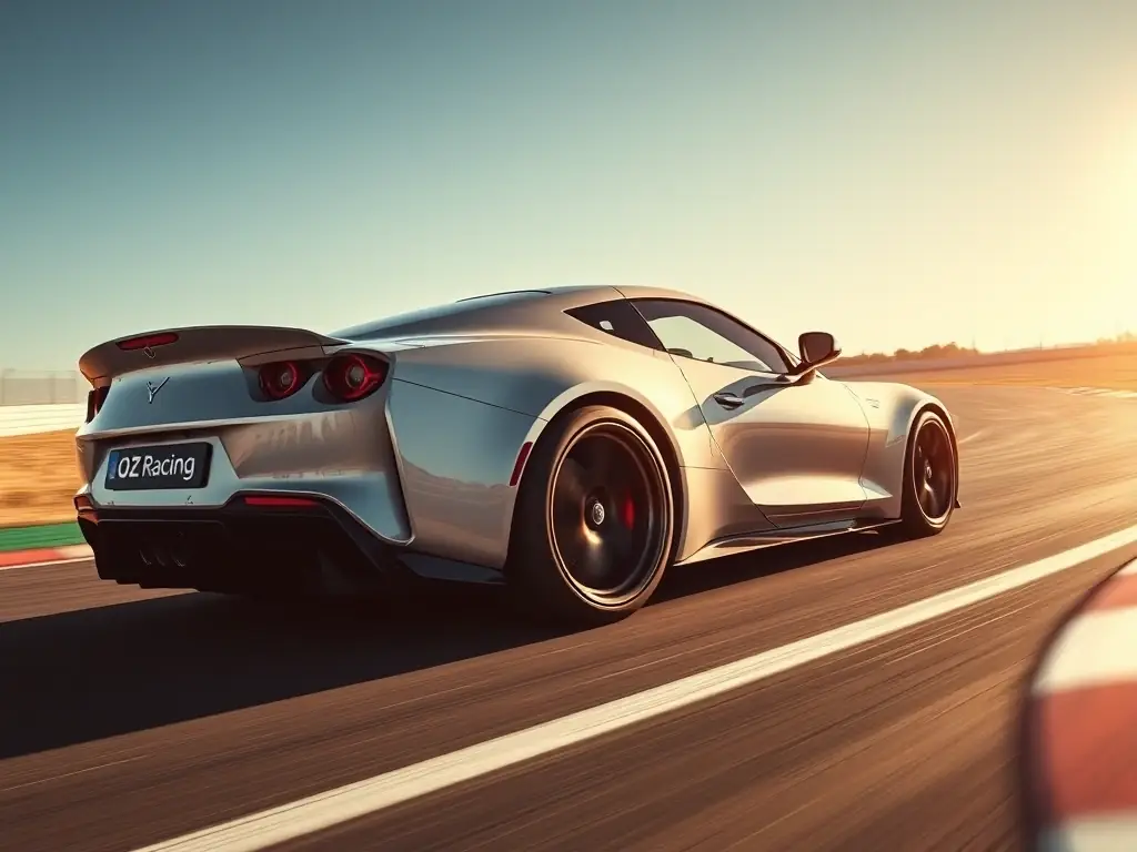 A dynamic image of OZ Racing Ultraleggera 20" Wheels on a sports car, capturing the wheels in motion on a racetrack. The car is cornering sharply, highlighting the wheels' lightweight design and superior handling capabilities.