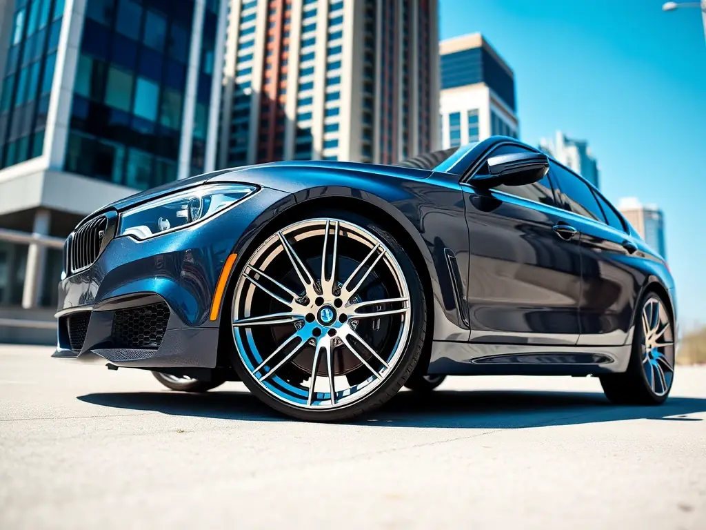 A close-up shot of Alpina B7 21" Alloy Wheels installed on a luxury car, showcasing their sleek design and perfect fit. The car is parked in a modern urban setting, emphasizing the wheels' aesthetic appeal and performance.