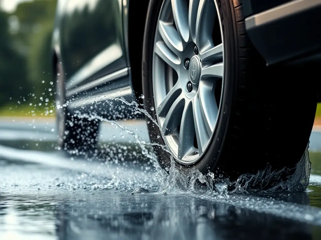 A summer tire undergoing a wet braking test, showcasing its ability to quickly and safely stop on a wet surface, with water splashing away from the tire as it grips the road.