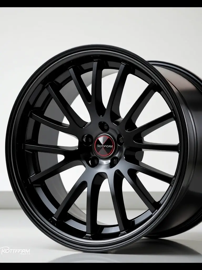 Close-up of a Rotiform RSE 19-inch Wheel, showcasing the distinctive split-spoke design and the glossy black finish, emphasizing the wheel's unique style and premium quality.