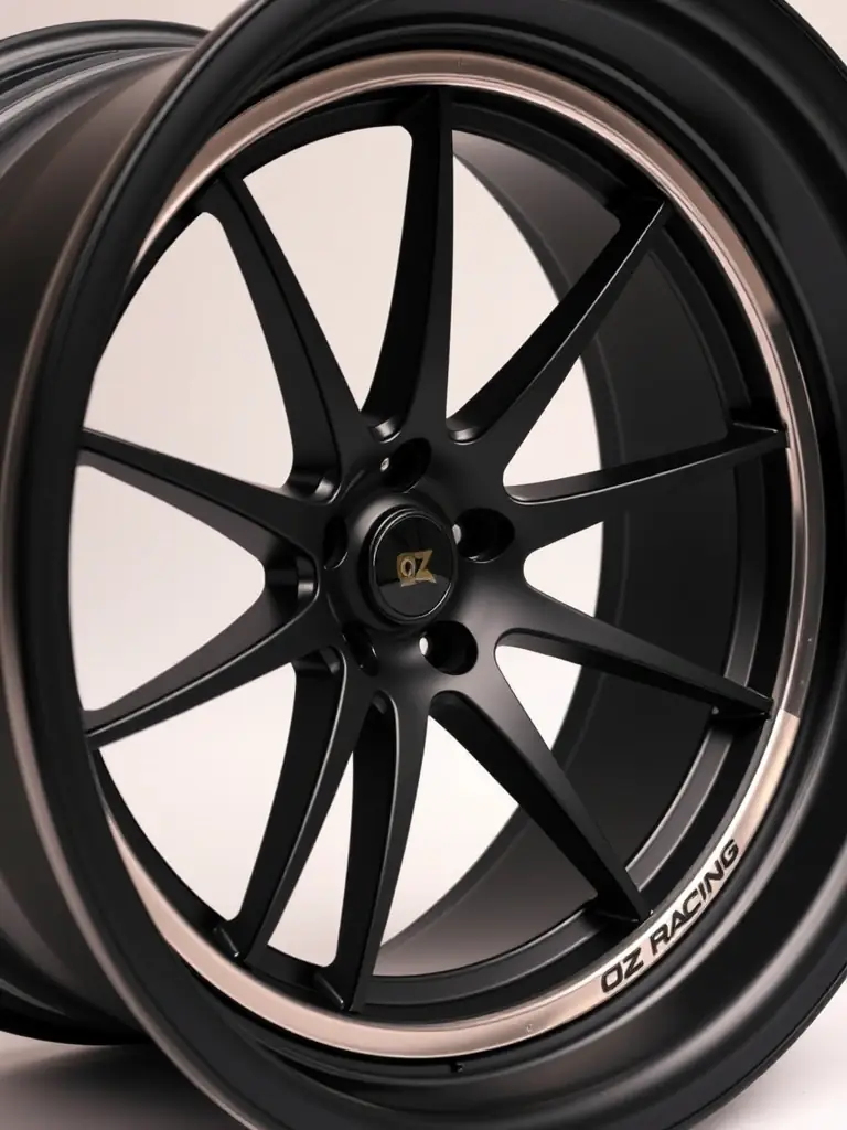 Detailed shot of an OZ Racing Ultraleggera 20-inch Wheel, highlighting the thin, elongated 10-spoke design and the matte black finish with a polished outer lip, emphasizing its lightweight construction and performance-oriented design.