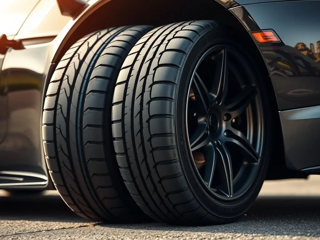 A summer tire mounted on a luxury car, showcasing its sleek design and durable construction, with the car parked in a sunny, urban environment.
