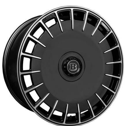 A glossy black alloy wheel for the MERCEDES BENZ S CLASS BRABUS, featuring a multi-spoke design, central BRABUS logo cap, and polished metallic rim edge—ideal for a refined and stylish look.