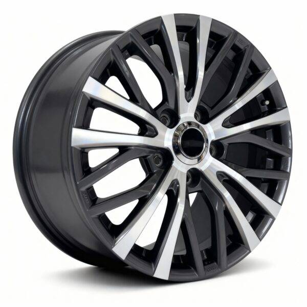 A black and silver alloy multi-spoke car wheel rim for TOYOTA LAND CRUISER, photographed at an angle on a white background to highlight its depth and intricate design—ideal for upgrading your vehicle’s style.