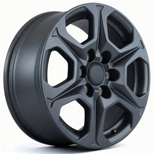 A matte black alloy car wheel with a rugged, angular six-spoke design inspired by Toyota styling, featuring the TOYOTA LAND CRUISER GR, displayed on a white background.